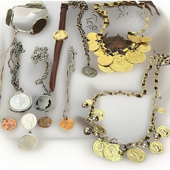 Large Mixed Metals Coin Jewelry Lot 22 Necklaces Bracelets Pendants Watch Coins - Picture 7 of 15